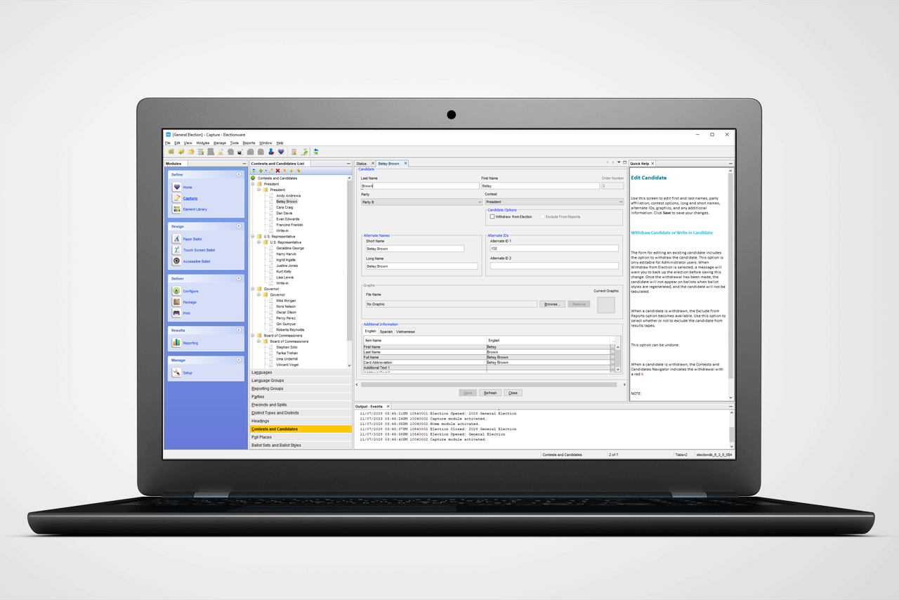 Electionware election management software on a laptop.