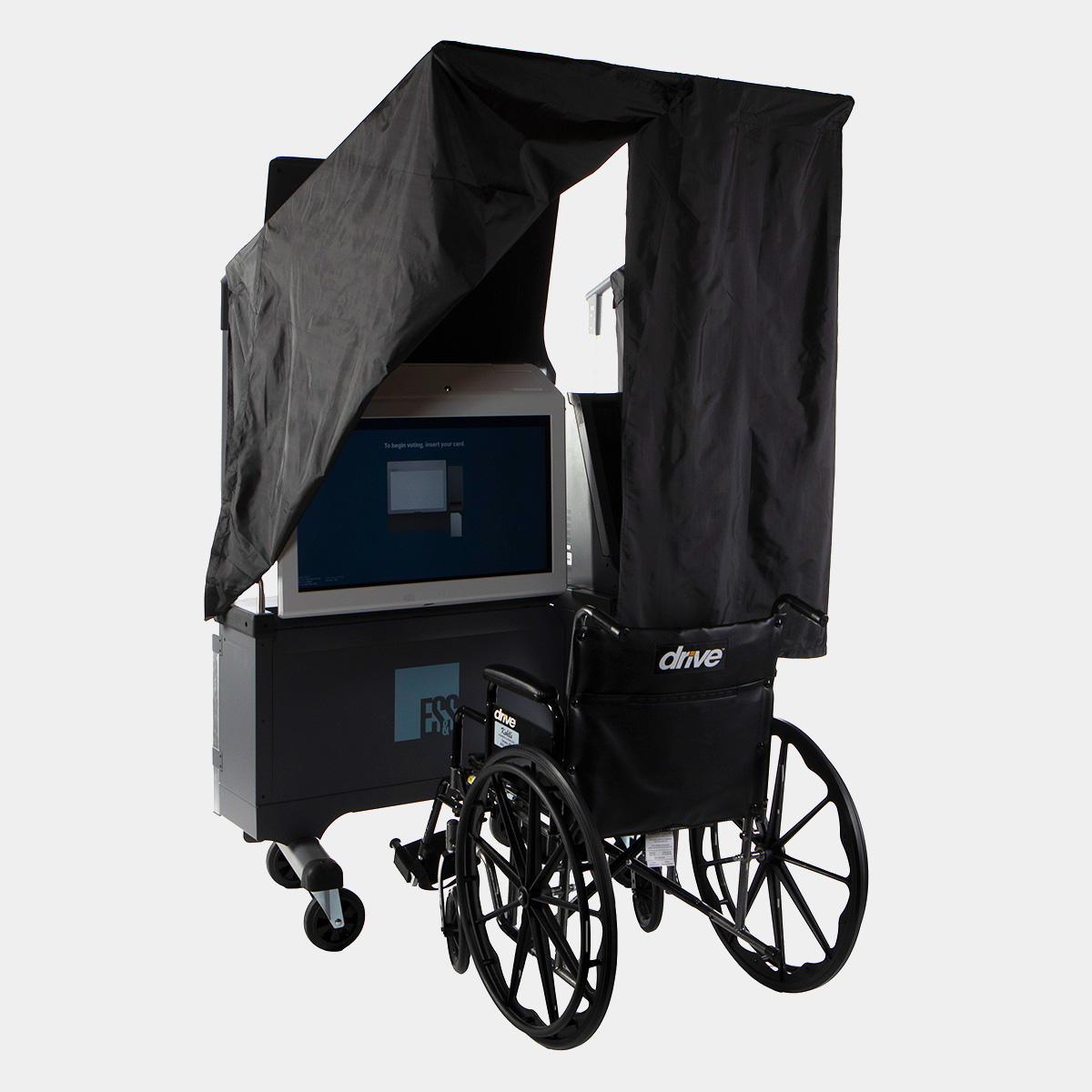 ES&S' ExpressVote XL with its privacy curtain raised and positioned for maintaining privacy for a voter in a wheelchair.