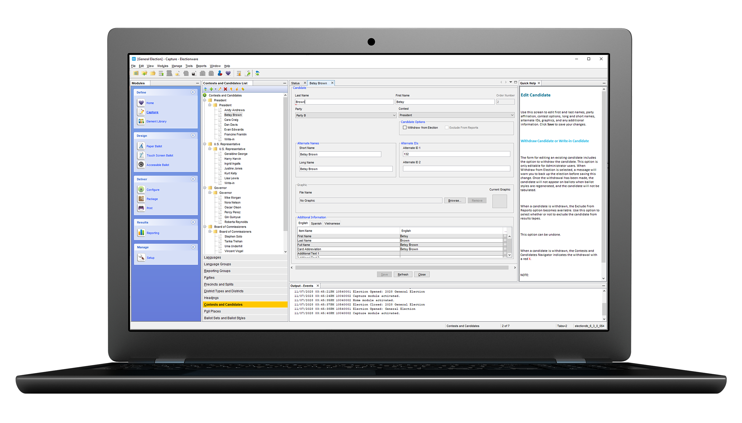 Electionware election management software on a laptop.